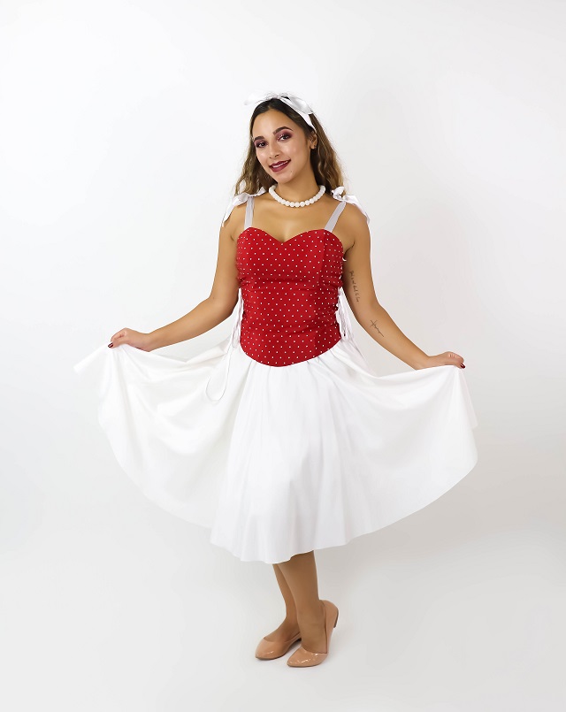 50s Corpete vermelho bola saia branca 